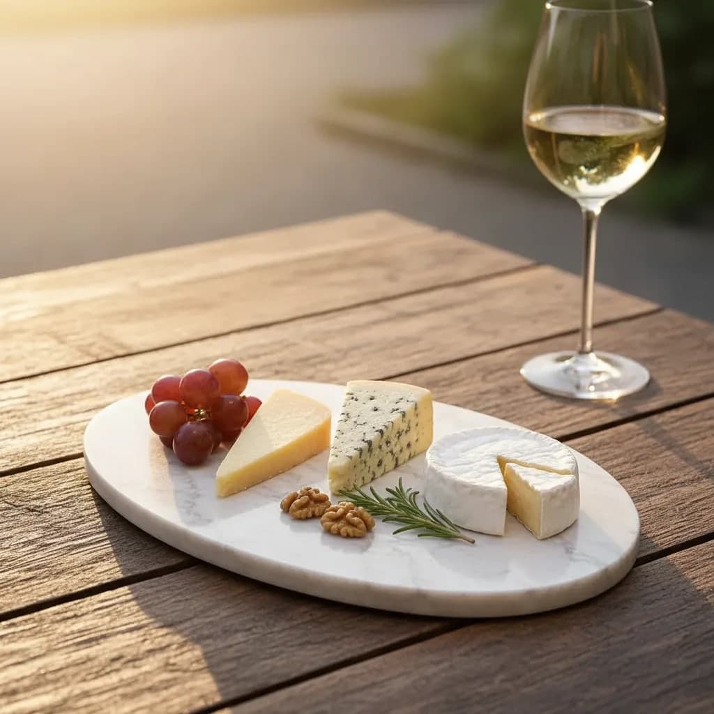 Tábua oval de mármore branco com veios sutis, servindo queijos, uvas e nozes sobre mesa de madeira