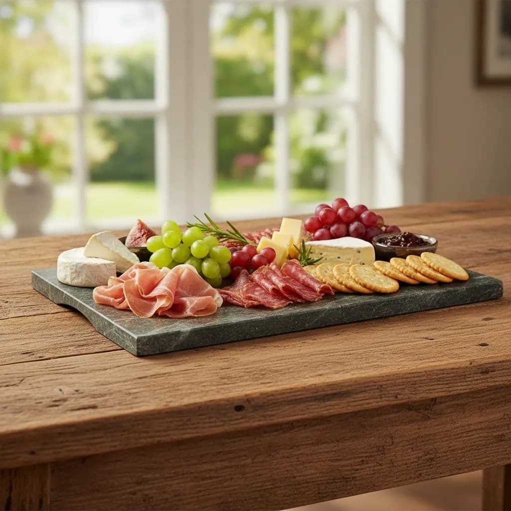 Tábua retangular de quartzito verde Green Galaxy servindo queijos, presunto cru, salame, uvas e biscoitos sobre mesa de madeira rústica