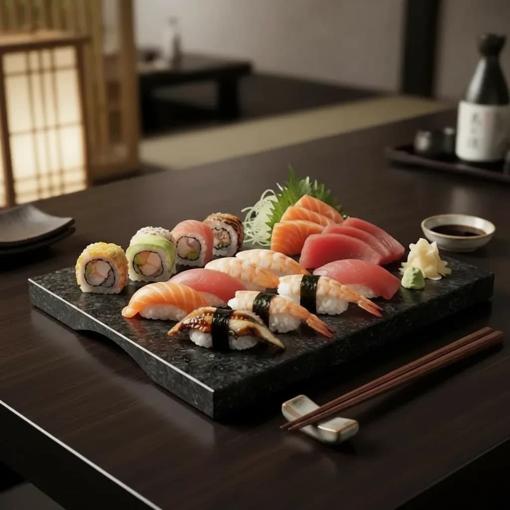 Tábua retangular de granito preto servindo sushi, sashimi e niguiri, com hashi ao lado em mesa escura